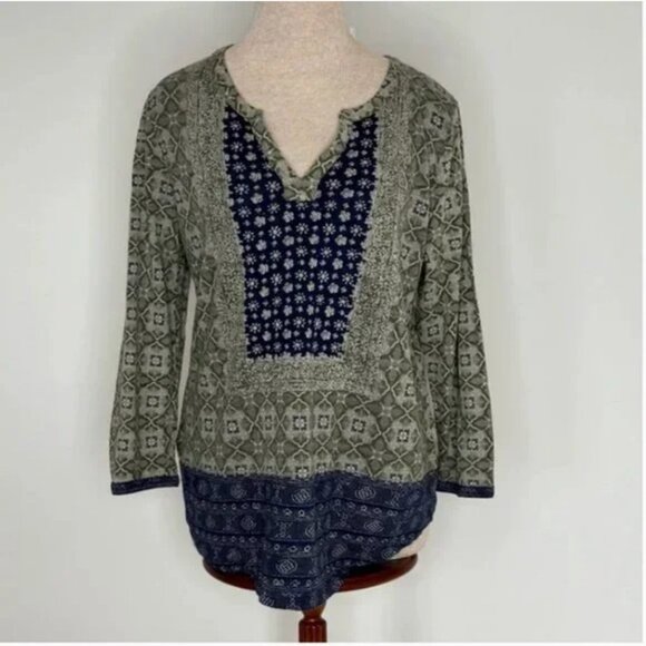 Lucky Brand Boho Print Split Neck Popover Blue and Olive Long Sleeve Size Large - Picture 1 of 8